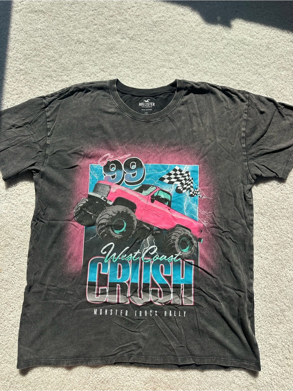 Hollister Black Tee with Pink Monster Truck Graphic